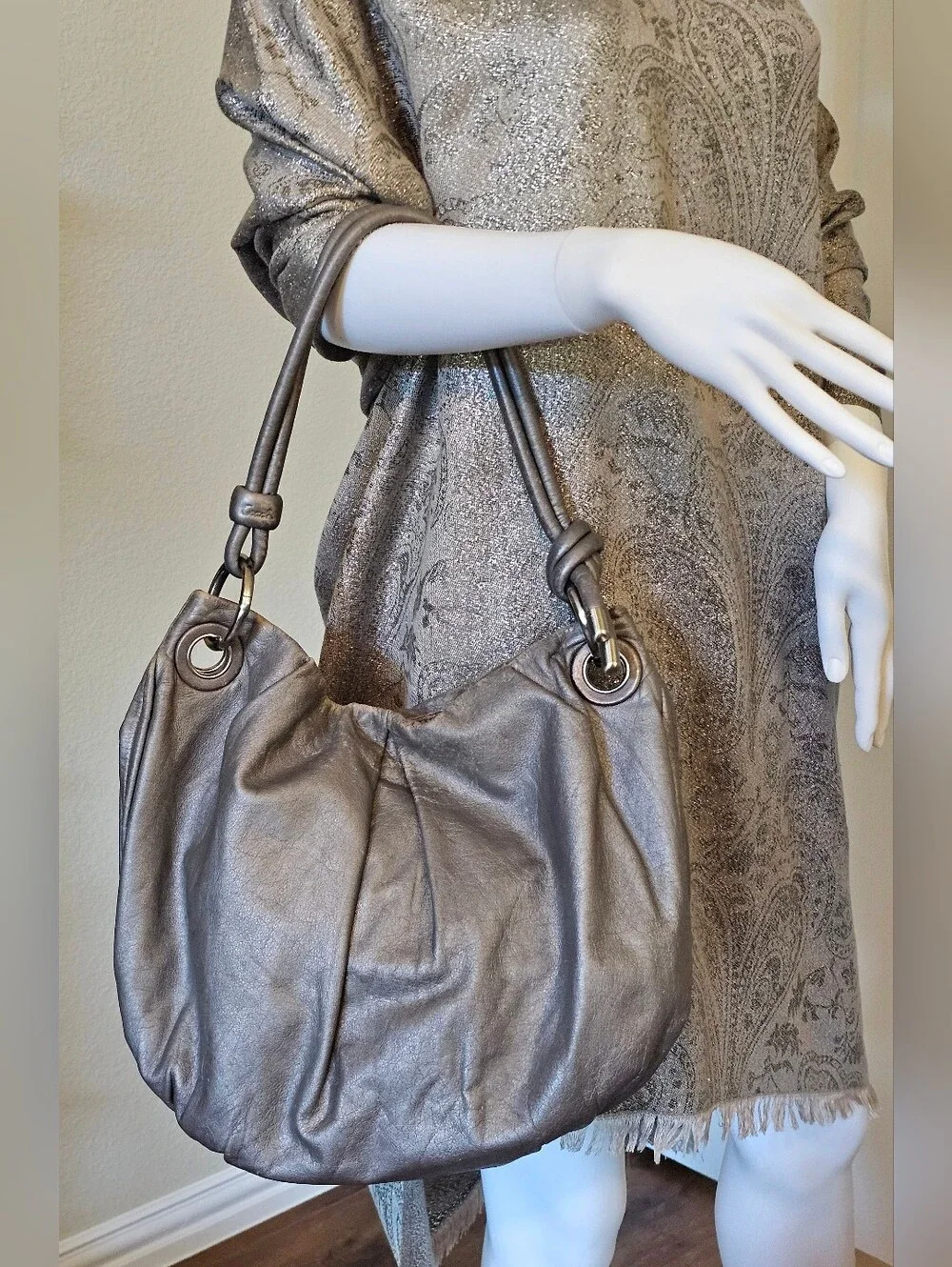 Coach Metallic Silver/Gunmetal Finish Leather Hobo Bag
